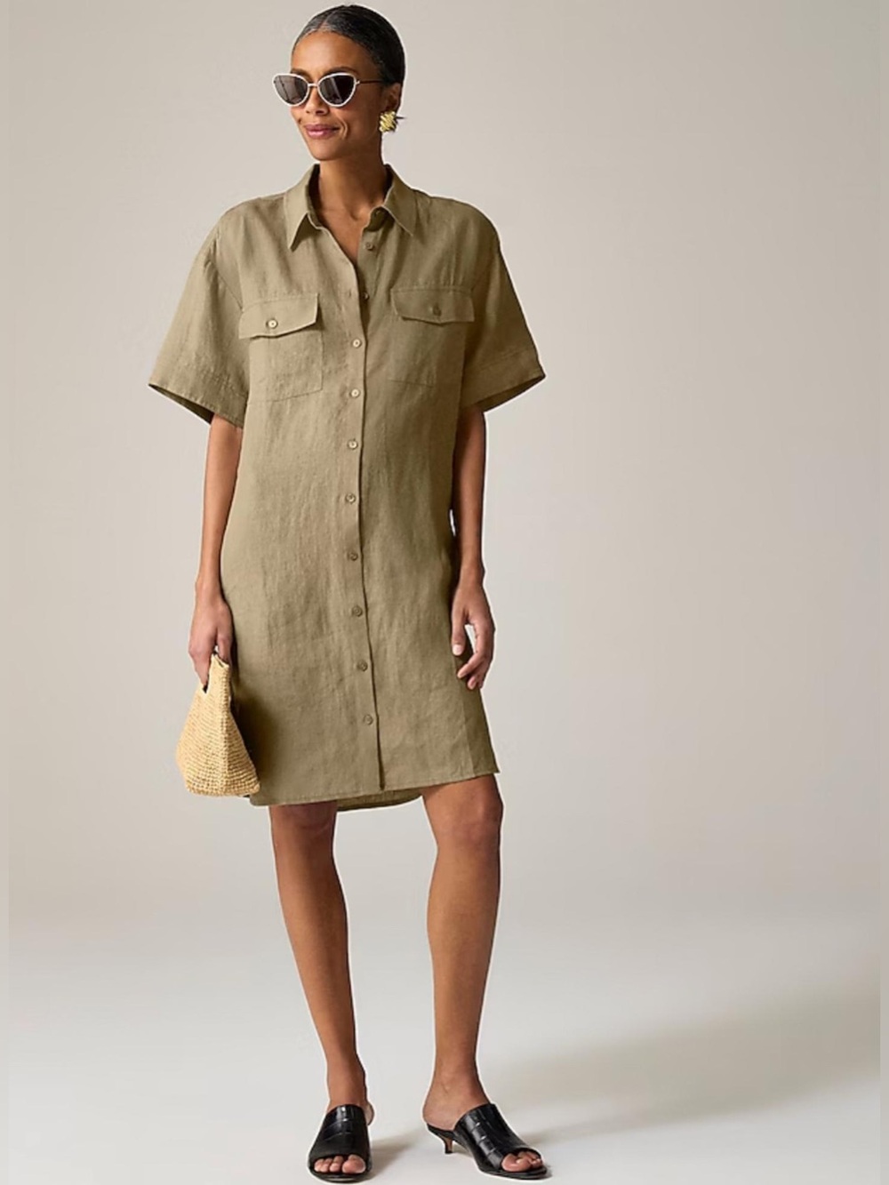 J. Crew 100% Linen Utility Shirtdress Olive Green sz. XXSmall w/Patch Pockets
